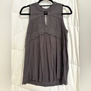 Grey lace detailed high neck tank top